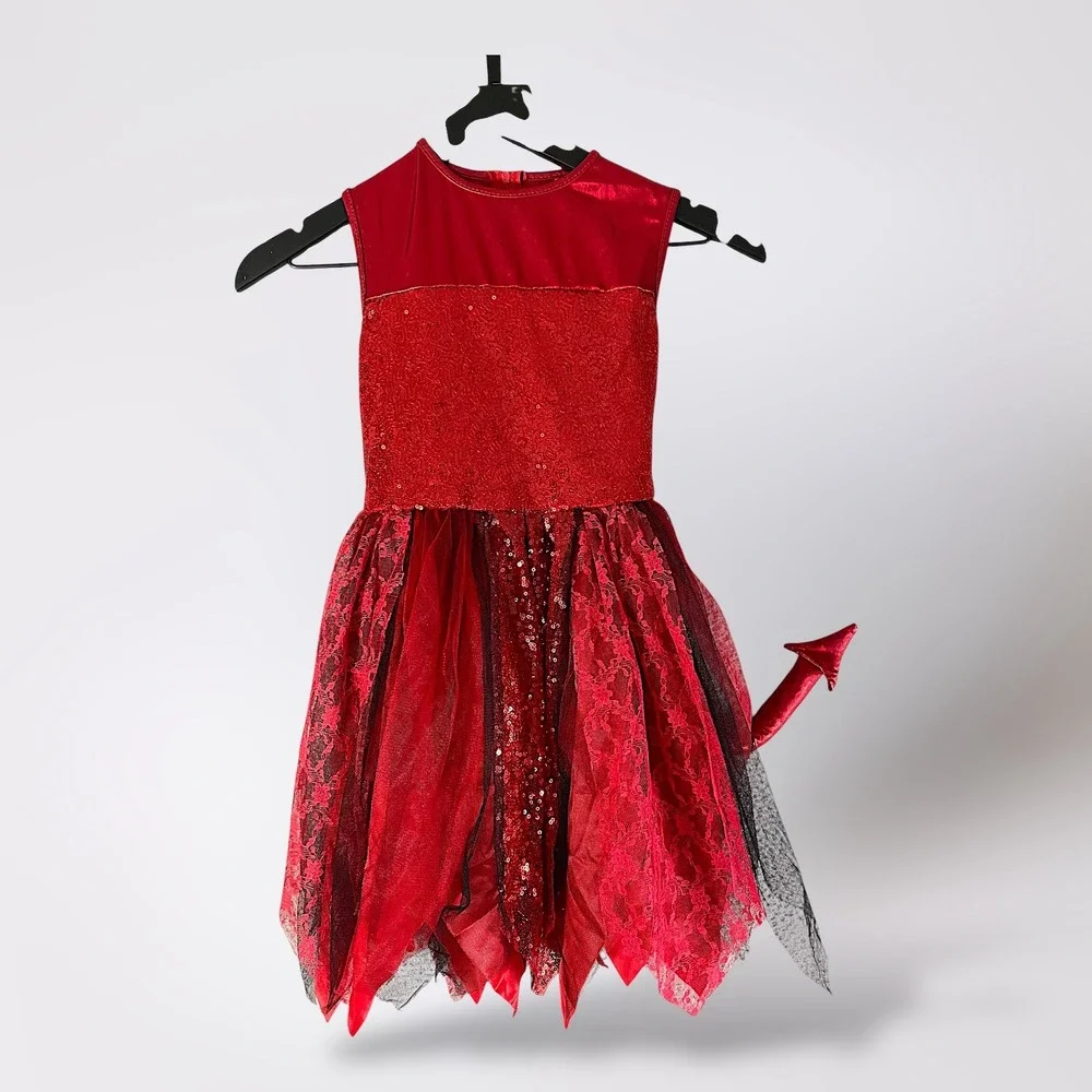 Spirit Halloween Girls Red Devil Costume Dress‎ Size S Sparkle Lace Tail